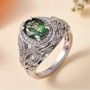 Green Apatite And White Zircon 2.50 Carat Ring In Sterling Silver